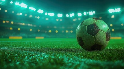 Fototapeta premium Worn soccer ball on stadium grass at night