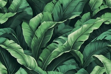 Obraz premium Dense banana leaf pattern with tropical greenery