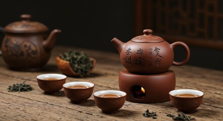 Traditional teapot with elegant design and teacups arranged on wooden table, showcasing tea culture and ceremony