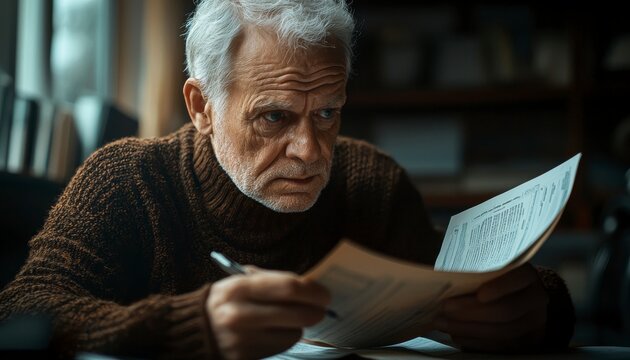 An elderly man deeply engrossed in analyzing investment documents, meticulously reviewing financial statements and portfolio performance His brow furrowed in concentration, he's intently focused on - Powered by Adobe