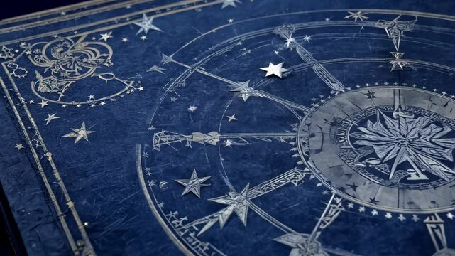Timeless Celestial Chart Illustration with Silver Stars on Deep Indigo Vintage Grimoire Background