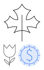 Outlined leaf, tulip flower, coin with dollar sign themes of ecology, finance, growth. Ideal for sustainability, environment, economy, ecology renewable energy green initiatives flat simple
