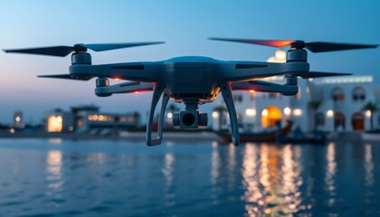 Drone photography. White quadcopter hovering over coastal resort with camera ready for aerial photography during sunset with water reflections.