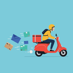 Delivery rider on a red scooter speeding with packages in flat vector illustration