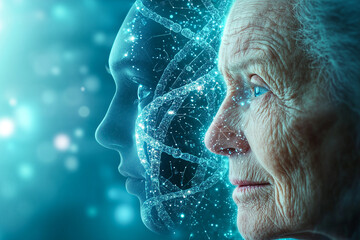 Gradual transformation of a young face into an old face, overlaid with a glowing DNA helix. Concept of aging, genetics, and healthcare.