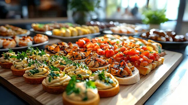 An assortment of gourmet finger foods, including bruschetta, shrimp bites, and cream-filled canapes, displayed on a wooden board