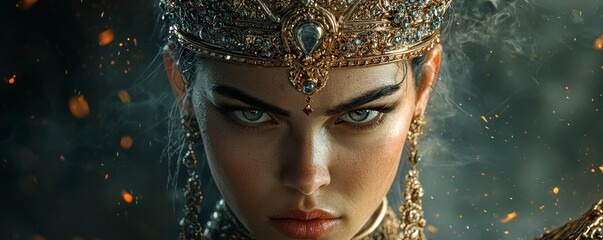 Behold the majestic sovereign, an ethereal enchantress draped in the opulent tapestry of Baroque splendor Adorned with gemstone-studded floral motifs, she exudes an aura of regality and otherworldly