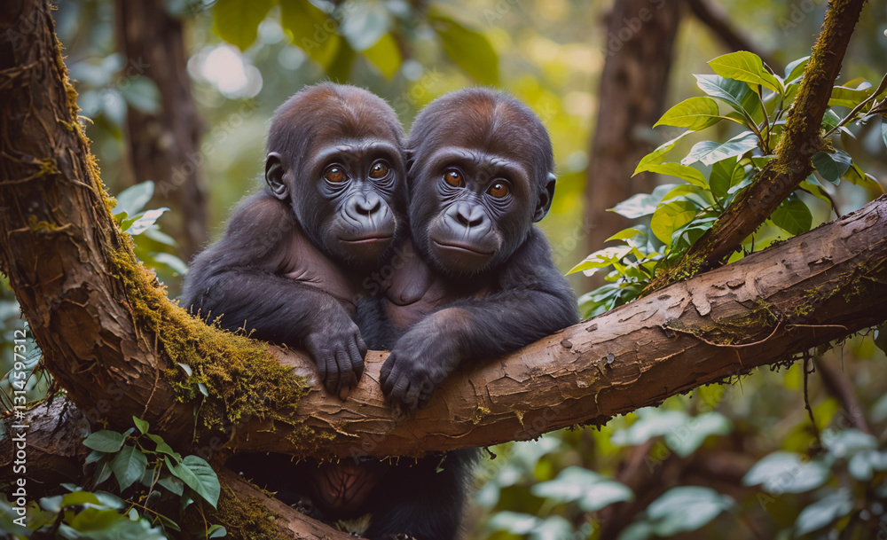 Poster two baby gorillas are sitting on a tree branch. they are looking at the camera. scene is playful and