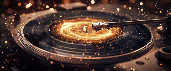 Close-up of turntable playing vinyl record, glittering golden particles swirling around needle, symbolizing music, energy, and celebration