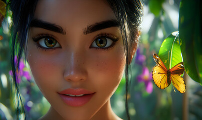 Close-up digital portrait of a young woman in a lush garden setting