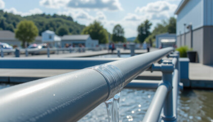  Industrial water treatment facility with metal pipes and flowing water