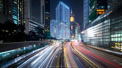 Fototapeta premium Vibrant City at Night Long Exposure Photography of Hong Kong Cityscape with Blurred Motion of Traffic and Illuminated Skyscrapers