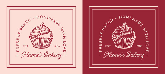 Mom mama's bakery homemade with love freshly baked logo pastry cupcake sticker label tag design. Vintage retro coquette pink and red sweets aesthetic Mothers Day quotes text printable poster print.