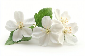 Fototapeta premium Delicate white flowers with green leaves arranged on a soft background capturing natural beauty and elegance