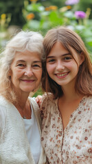 Grandmother and granddaughter bonding, smiling while gardening under bright sunlight