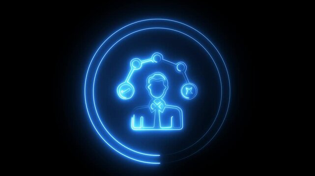 Glowing neon decision icon isolated on black background. 4k video motion graphic animation. Futuristic Digital Network Connecting Individuals Collaborative Technology in a Modernized Virtual Space.