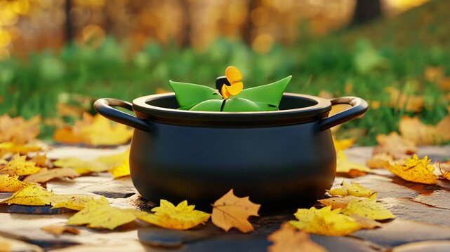 Fall foliage surrounds a black cauldron with green leaves and a flower in a serene outdoor setting