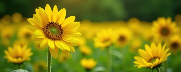 Bright yellow sunflower petals unfolding in the garden, grass, flowers