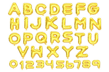 3d style vector of inflated glossy yellow gold metallic balloon alphabet and numbers on white background