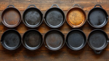 Cast Iron Skillets on Wooden Table