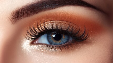 Obraz premium Glamorous Eye Makeup Close-up with Shimmering Eyeshadow and Curled Lashes