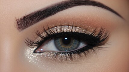 Obraz premium Enchanting Close-Up of Model's Eye with Shimmering Eyeshadow and Long Curled Lashes