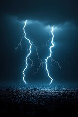 Dramatic lightning strikes illuminate a dark rainy night over a textured surface creating a powerful scene