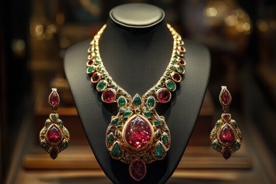 Ruba necklace and earrings set shimmering with elegance on display.