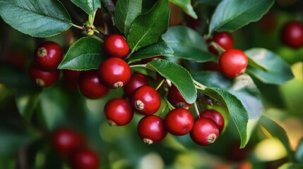 Cranberry tree laden with ripe berries, deep green leaves contrasting with bright red fruit