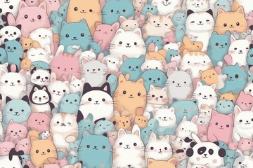 Adorable pastel cats in a seamless kawaii pattern
