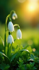 Delicate white flowers unfolding in morning dew, sunrise, greenery, white blossom