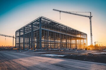Construction Frame: Capturing the intricate skeletal framework of a building in progress, accompanied by the towering presence of construction cranes against the backdrop of a setting sun.