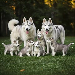 Naklejka premium Family of Siberian Huskies: 2 adults, 5 playful puppies on grass; dynamic and joyful canine family scene outdoors. generative AI