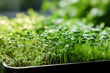 Obraz premium Close-up of vibrant microgreens sprouting in a kitchen setting