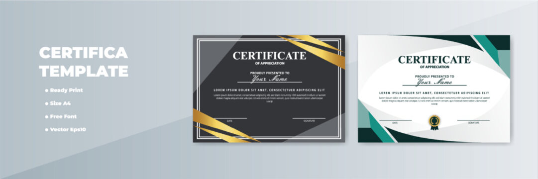 A4 printable certificate templates; gray, teal design; background shows mock-up