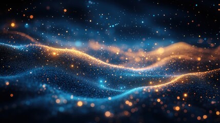 Obraz premium Abstract Cosmic Landscape: Glittering Nebula in Blue and Gold