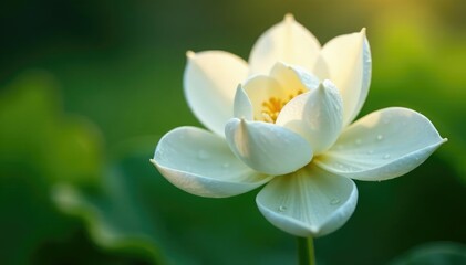 Delicate white petals unfolding in morning dew, bloom, serene