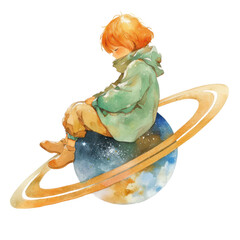 Child floating on saturn in cosmic dreamscape space illustration fantasy whimsical perspective