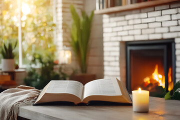 Cozy living room with open book and candle by fireplace in sunlit setting