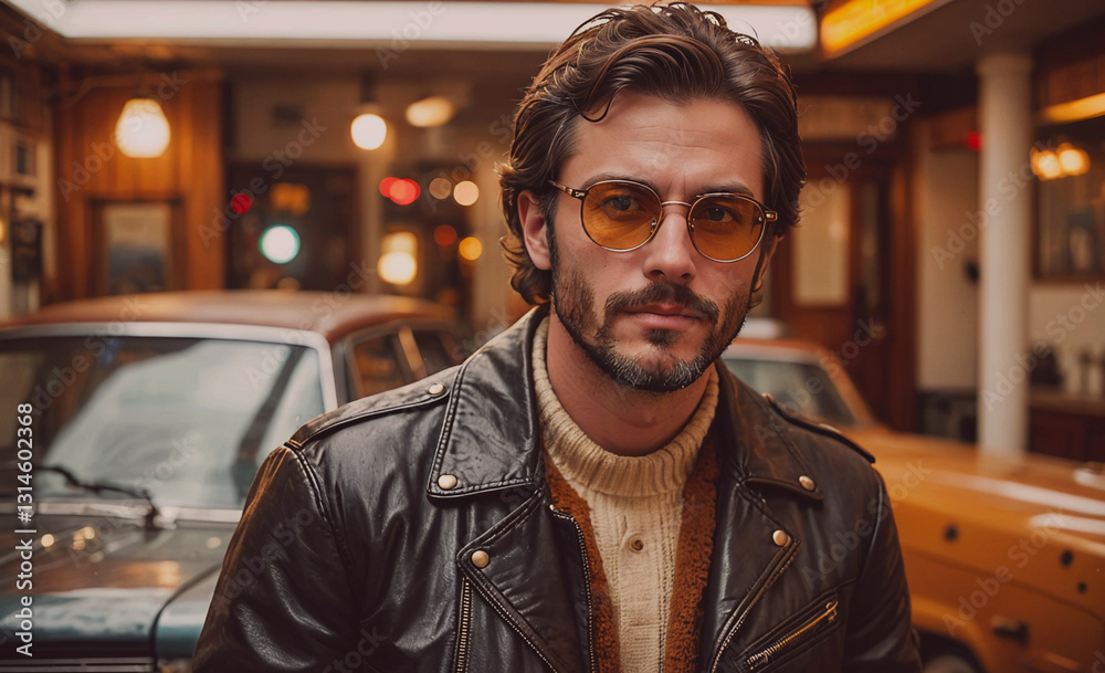 Poster man wearing a leather jacket and sunglasses is standing in front of a yellow car. the scene has a vi