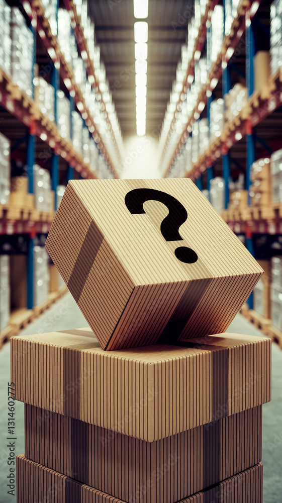 Aufkleber cardboard boxes with a large question mark, in a warehouse setting, representing uncertainty or ques