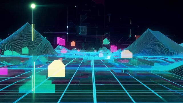 Vibrant Neon Cyberpunk Terrain: A Luminous 90s Retro Gaming Experience with Holographic Grid View