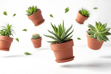 Floating Plants in Pots with Green Leaves in Airy White Background