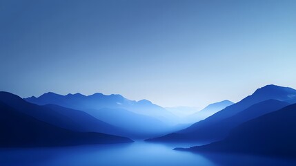A serene blue landscape featuring distant mountains and a calm body of water, creating a tranquil atmosphere.