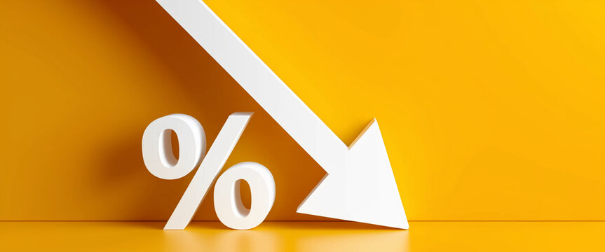 White percentage symbol and downward arrow against yellow background, showcasing decline, decrease, or reduction concept