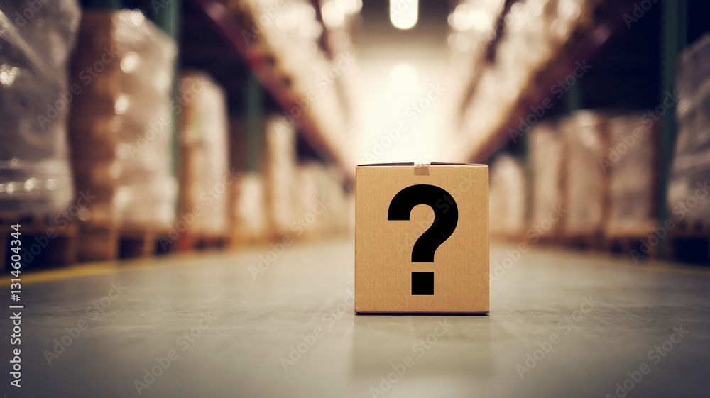 Poster cardboard box with large question mark in warehouse setting, symbolizing uncertainty, logistics, or 