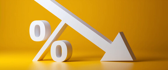 White percentage symbol with downward arrow on yellow background, showcasing declining percentage, representing decrease, reduction, or loss, ideal for financial or economic concepts