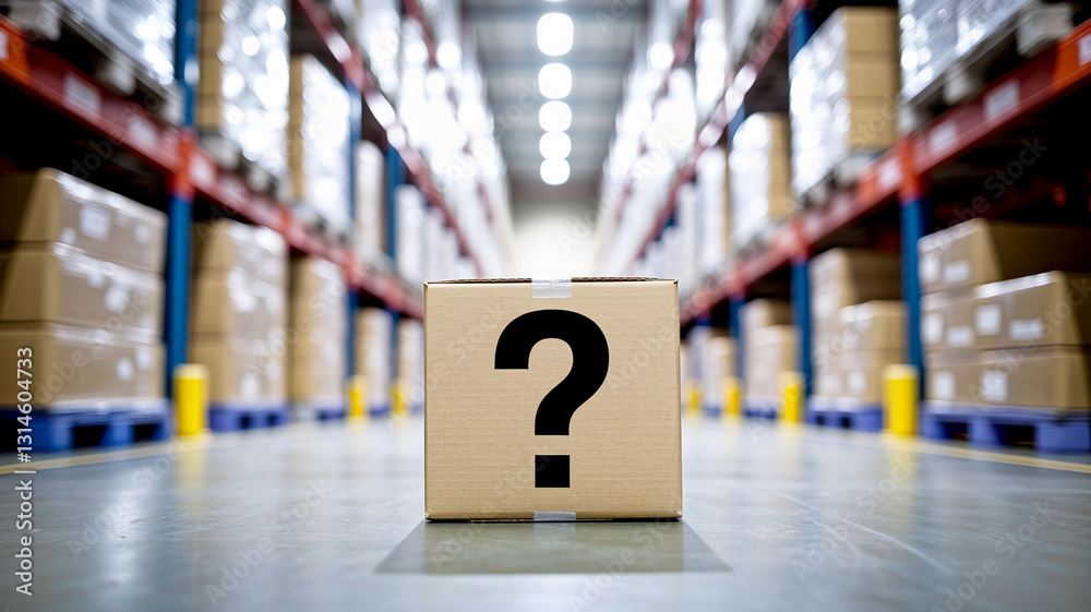 Poster Cardboard box with a large question mark in a warehouse setting, showcasing uncertainty or unknowns in logistics or supply chain management