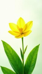 Obraz premium Delicate yellow flower amidst lush green leaves on a soft white background, spring, garden, yellow