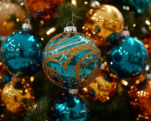 Teal, gold Christmas ornaments on tree